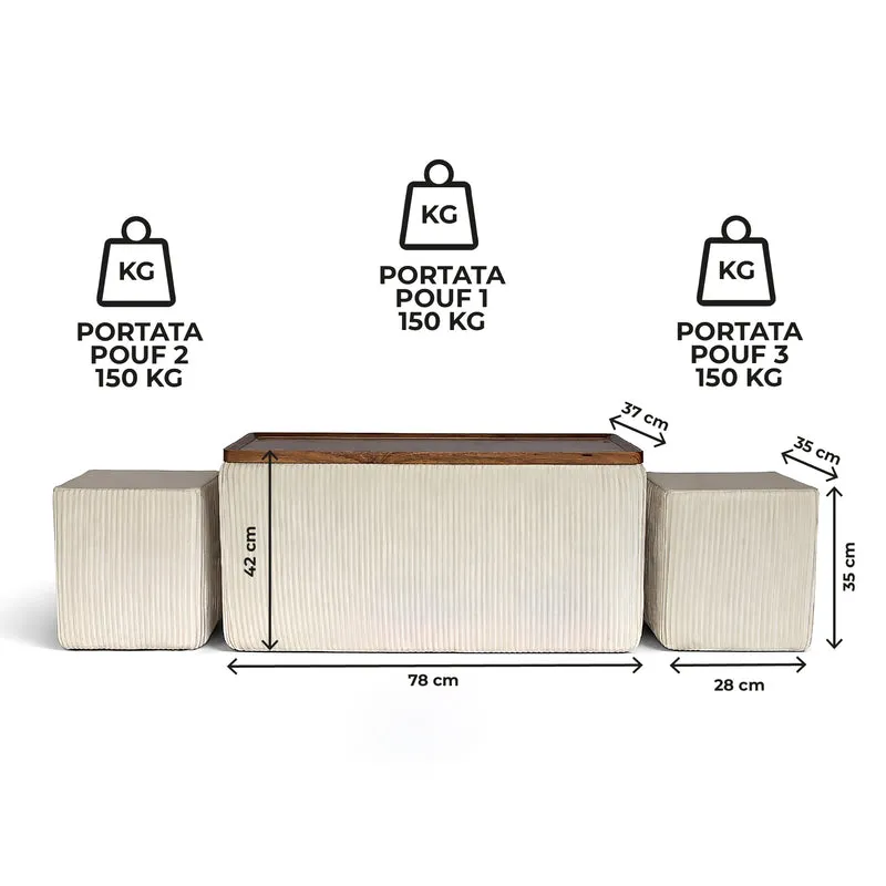 Set 3 Pouf Contenitore Quadrati con Tavolino Rettangolare Il Gruppone