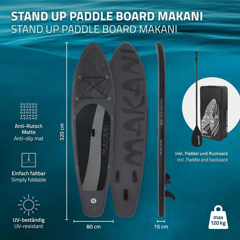 Stand Up Paddle aufblasbares SUP Board Makani 320x80x15 cm in Schwarz us PVC inkl. Pumpe und Tragetasche