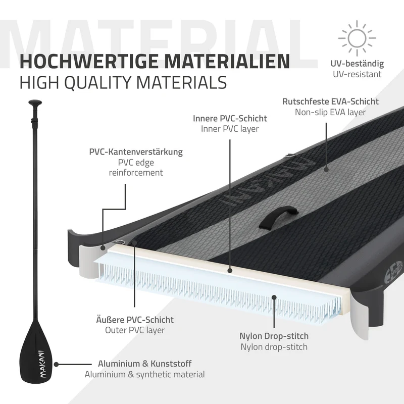 Stand Up Paddle aufblasbares SUP Board Makani 320x80x15 cm in Schwarz us PVC inkl. Pumpe und Tragetasche