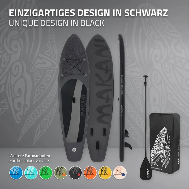 Stand Up Paddle aufblasbares SUP Board Makani 320x80x15 cm in Schwarz us PVC inkl. Pumpe und Tragetasche