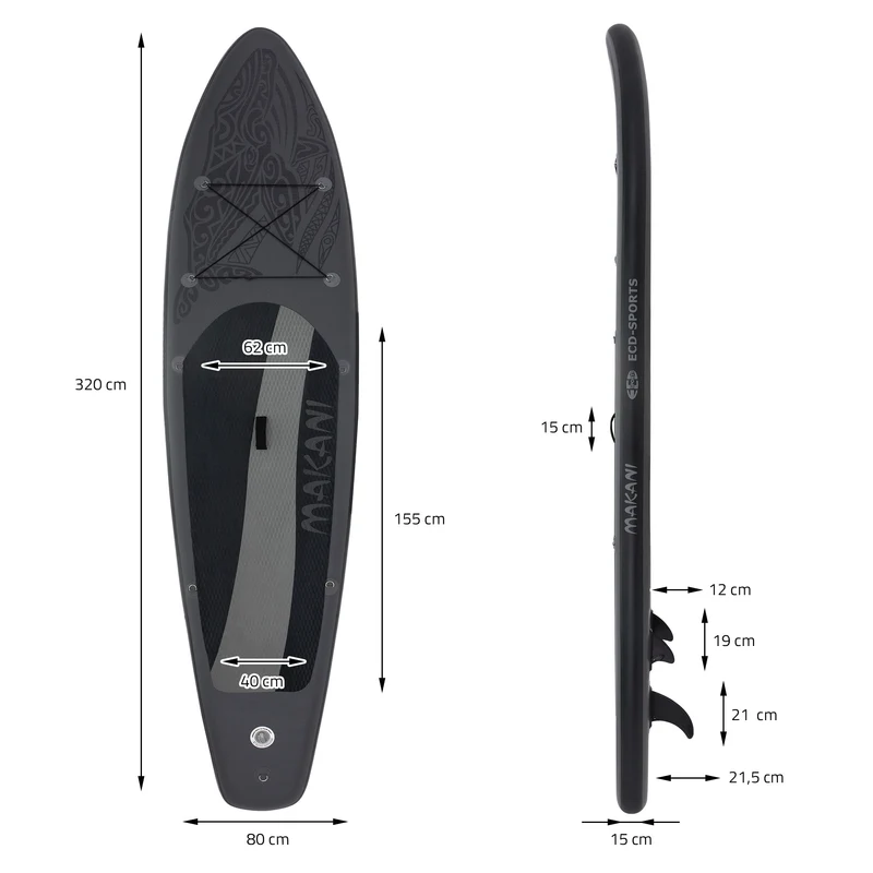 Stand Up Paddle aufblasbares SUP Board Makani 320x80x15 cm in Schwarz us PVC inkl. Pumpe und Tragetasche
