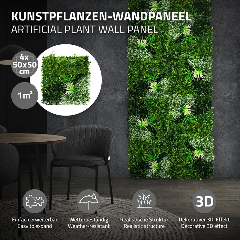 ECD Germany | Künstliche Pflanzenwand White Blossom 4er Set 50x50 cm Grün Kunstpflanzen Wandpaneele Indoor Outdoor Blumenwand Sichtschutz Wandpflanzen