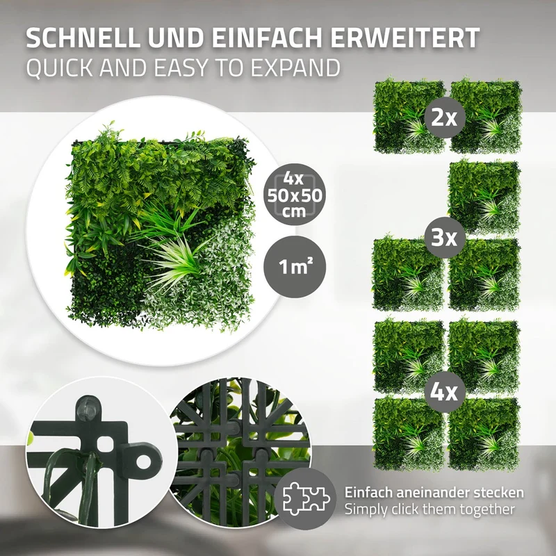 ECD Germany | Künstliche Pflanzenwand White Blossom 4er Set 50x50 cm Grün Kunstpflanzen Wandpaneele Indoor Outdoor Blumenwand Sichtschutz Wandpflanzen