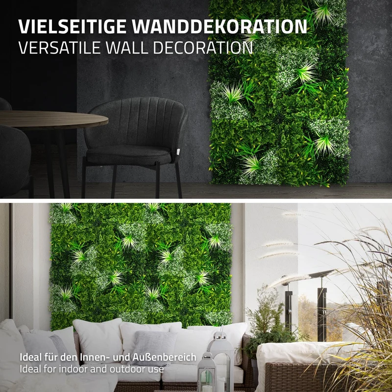 ECD Germany | Künstliche Pflanzenwand White Blossom 4er Set 50x50 cm Grün Kunstpflanzen Wandpaneele Indoor Outdoor Blumenwand Sichtschutz Wandpflanzen