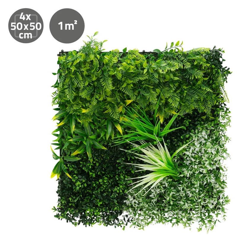 ECD Germany | Künstliche Pflanzenwand White Blossom 4er Set 50x50 cm Grün Kunstpflanzen Wandpaneele Indoor Outdoor Blumenwand Sichtschutz Wandpflanzen