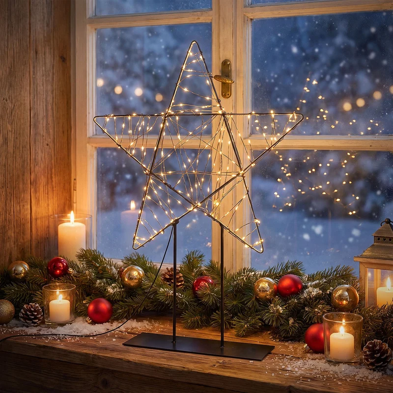 ECD Germany | LED Weihnachtsstern 50,5 cm Metall Warmweiß Weihnachtsdeko mit Lichterkette Leuchtstern auf Ständer Weihnachtsbeleuchtung Innen 350 LED