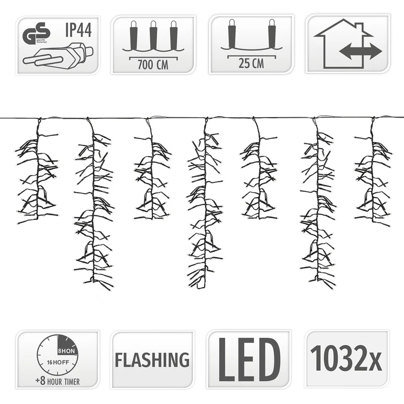 ECD GERMANY | LED Eisregen Cluster Lichterkette Außen Innen 7m Warmweiß Weihnachtsbeleuchtung Eiszapfen 1032LED Lichtervorhang für Haus Weihnachtsdeko