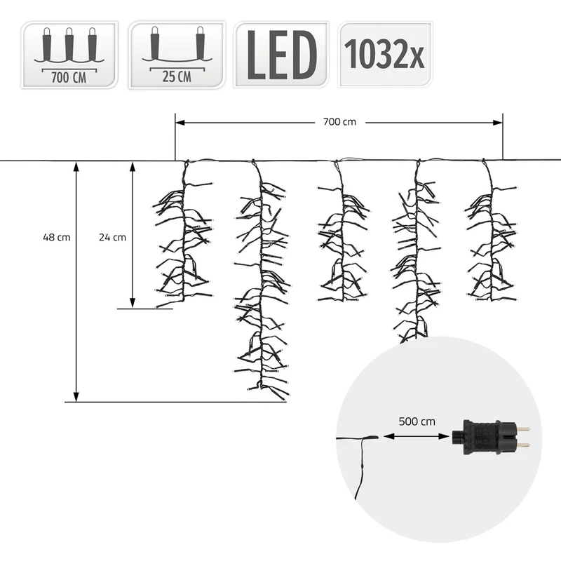 ECD GERMANY | LED Eisregen Cluster Lichterkette Außen Innen 7m Warmweiß Weihnachtsbeleuchtung Eiszapfen 1032LED Lichtervorhang für Haus Weihnachtsdeko