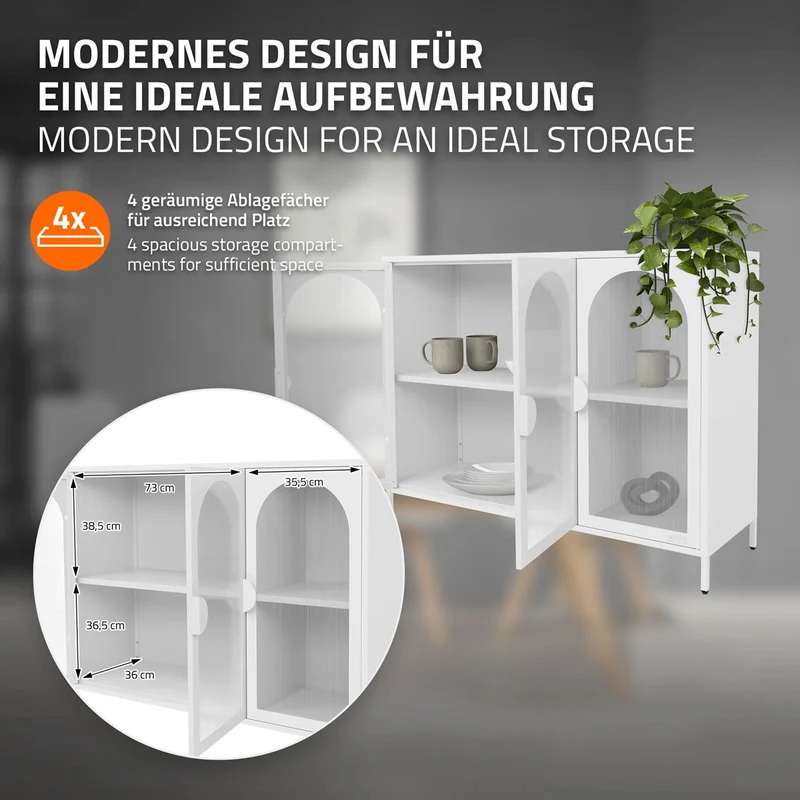 Vitrinenschrank 120x93x40 cm Vitrine mit 4 Ablage-/Regalfächer Weiß aus Stahl ML-Design