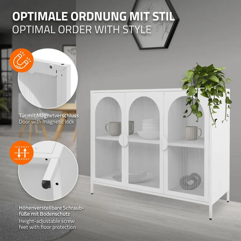 Vitrinenschrank 120x93x40 cm Vitrine mit 4 Ablage-/Regalfächer Weiß aus Stahl ML-Design