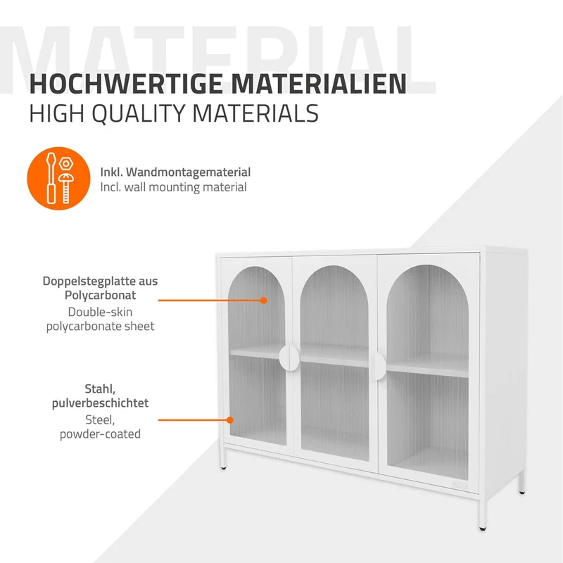 Vitrinenschrank 120x93x40 cm Vitrine mit 4 Ablage-/Regalfächer Weiß aus Stahl ML-Design