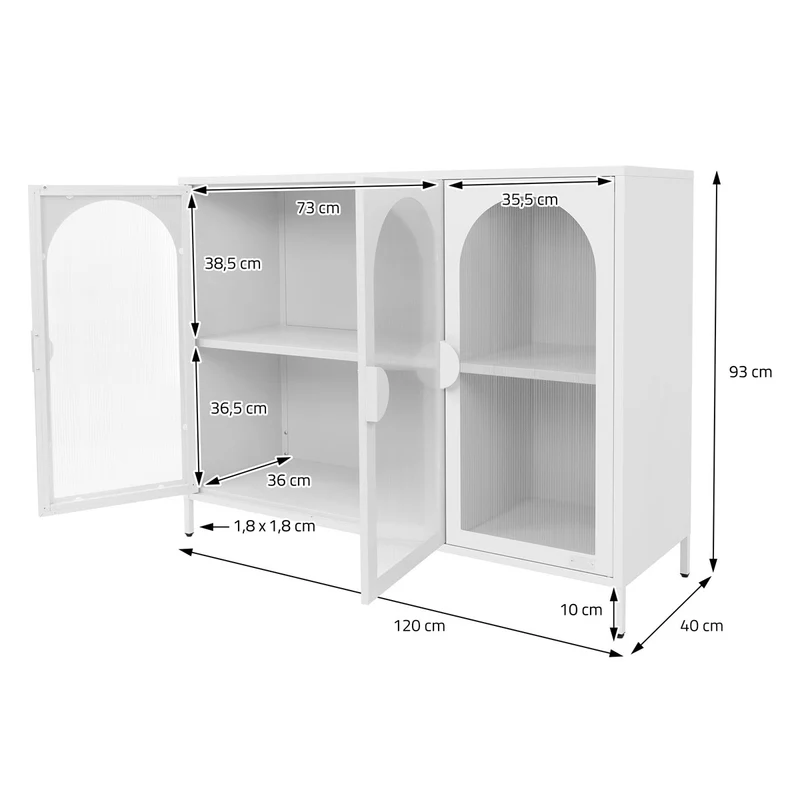 Vitrinenschrank 120x93x40 cm Vitrine mit 4 Ablage-/Regalfächer Weiß aus Stahl ML-Design