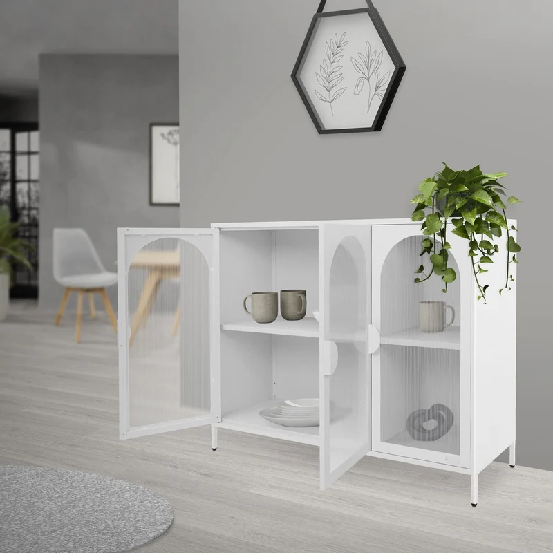 Vitrinenschrank 120x93x40 cm Vitrine mit 4 Ablage-/Regalfächer Weiß aus Stahl ML-Design