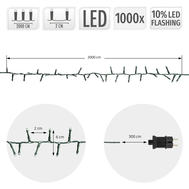 ECD Germany | LED Lichterkette Außen Innen 20 m Warmweiß Weihnachtsbeleuchtung LED Cluster Büschellichterkette Weihnachten wetterfest 1000 LED Timer