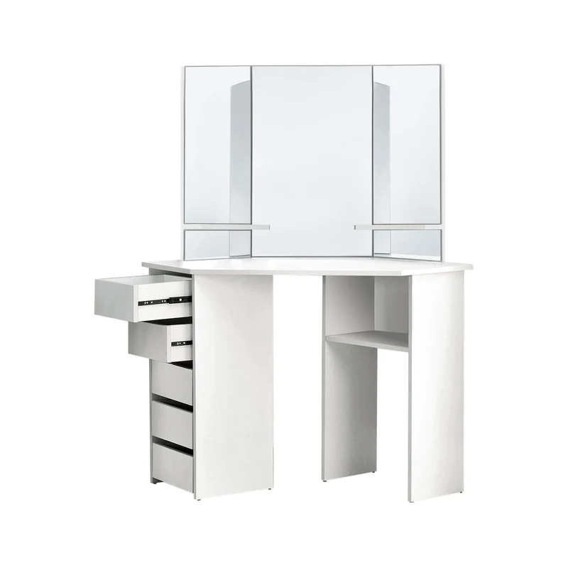 Schminktisch Frisiertisch 110x142x54 cm in Weiß Ecktisch mit Spiegel 3-tlg & 5 Schubladen ML-Design