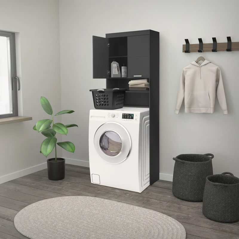 Waschmaschinenschrank Waschmaschinen Regal 63x24x187,5 cm mit 2 Türen und 2 Ablagen in Dunkelgrau ML-Design