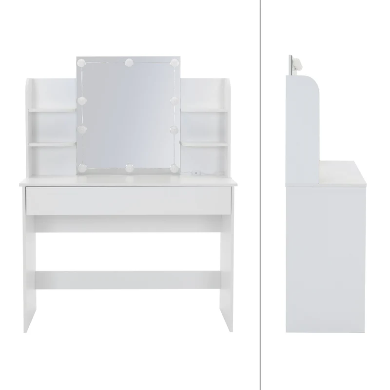 Schminktisch Frisiertisch 108x40x140 cm in Weiß mit Spiegel, LED-Beleuchtung, großer Schublade & Hocker ML-Design