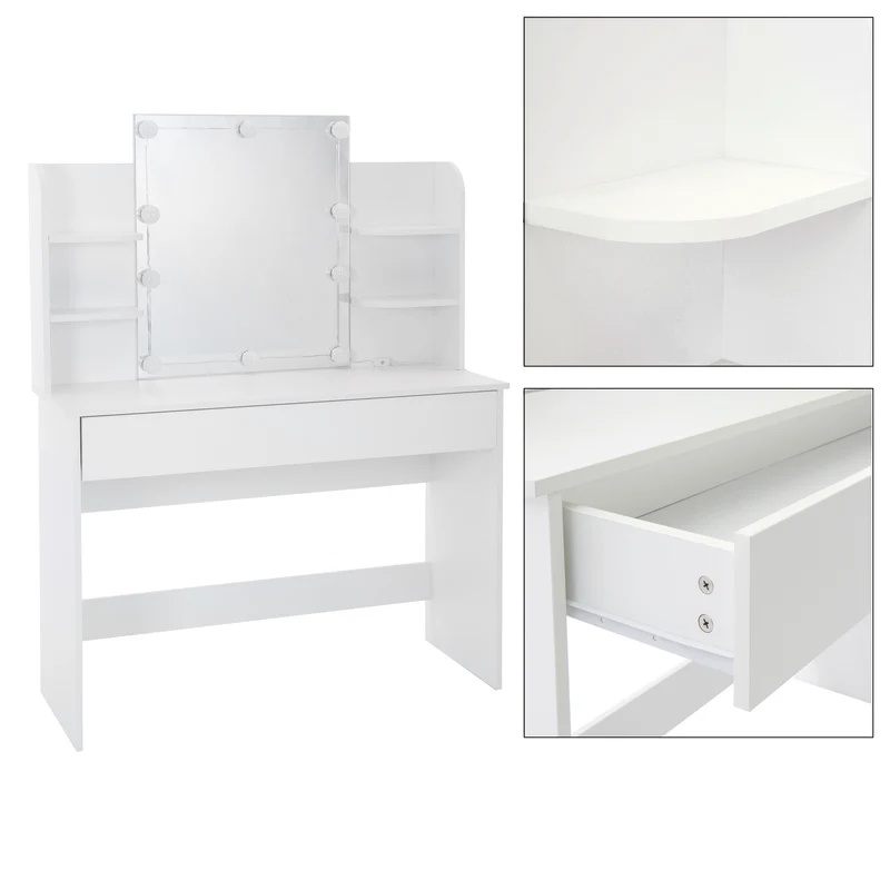 Schminktisch Frisiertisch 108x40x140 cm in Weiß mit Spiegel, LED-Beleuchtung, großer Schublade & Hocker ML-Design