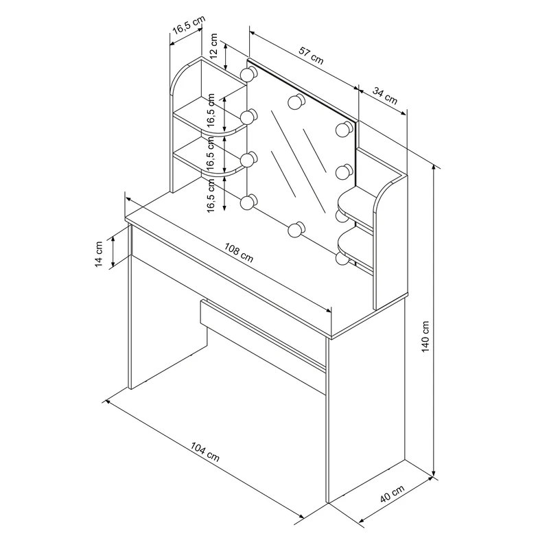 Schminktisch Frisiertisch 108x40x140 cm in Weiß mit Spiegel, LED-Beleuchtung, großer Schublade & Hocker ML-Design