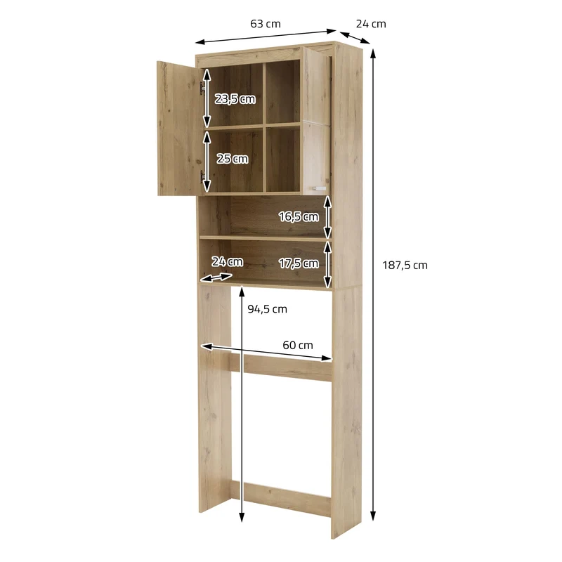 Waschmaschinenschrank mit 2 Türen und 2 offenen Fächern 187,5x63 cm Eichenoptik ML-Design