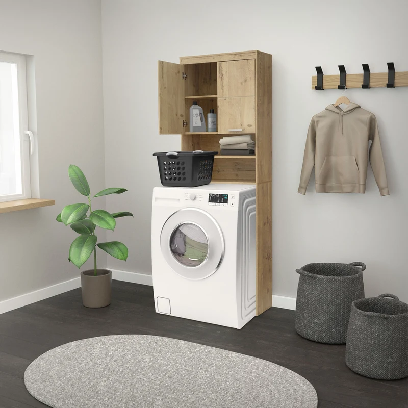 Waschmaschinenschrank mit 2 Türen und 2 offenen Fächern 187,5x63 cm Eichenoptik ML-Design