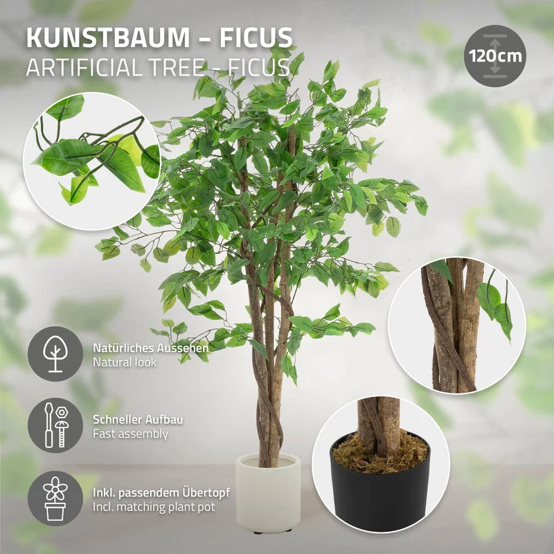 Künstlicher Ficus 120 cm Kunstpflanze mit Naturholzstamm im Topf ML-Design