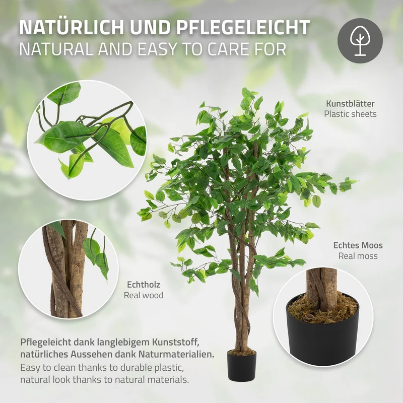 Künstlicher Ficus 120 cm Kunstpflanze mit Naturholzstamm im Topf ML-Design