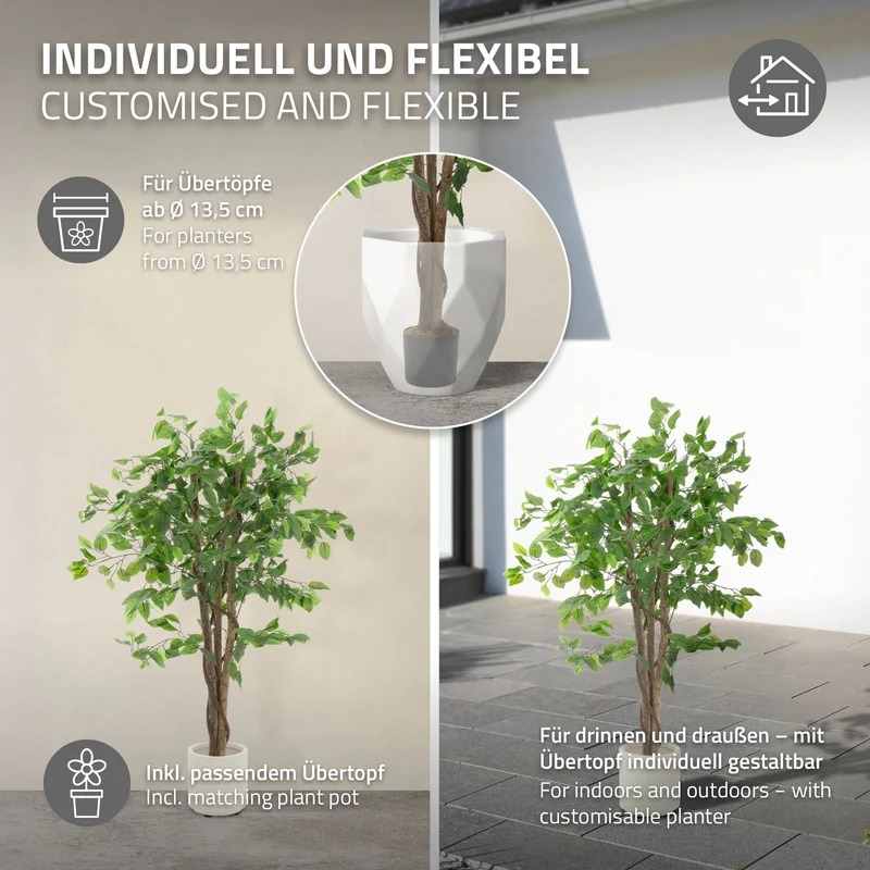 Künstlicher Ficus 120 cm Kunstpflanze mit Naturholzstamm im Topf ML-Design