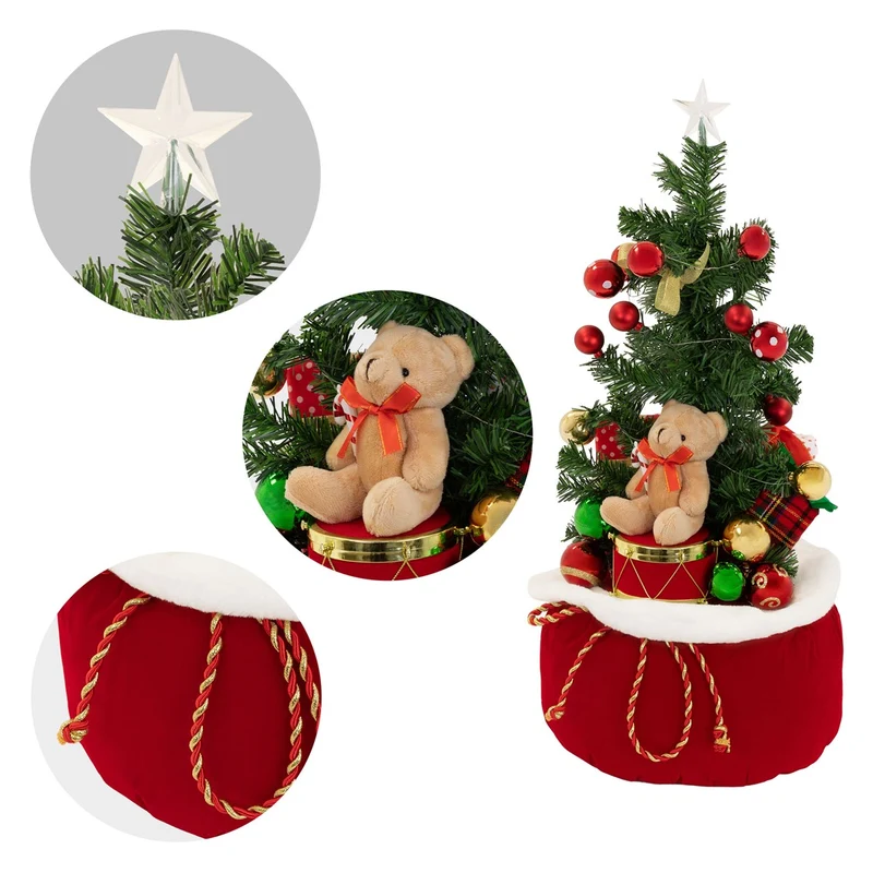 ECD GERMANY | Künstlicher Mini-Weihnachtsbaum mit Beleuchtung Ø34x60 cm Weihnachtsdeko Innen LED-Tannenbaum mit Teddybär und Lichterkette Christbaum
