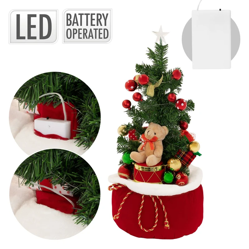 ECD GERMANY | Künstlicher Mini-Weihnachtsbaum mit Beleuchtung Ø34x60 cm Weihnachtsdeko Innen LED-Tannenbaum mit Teddybär und Lichterkette Christbaum