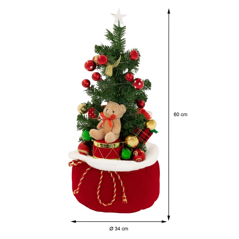 ECD GERMANY | Künstlicher Mini-Weihnachtsbaum mit Beleuchtung Ø34x60 cm Weihnachtsdeko Innen LED-Tannenbaum mit Teddybär und Lichterkette Christbaum