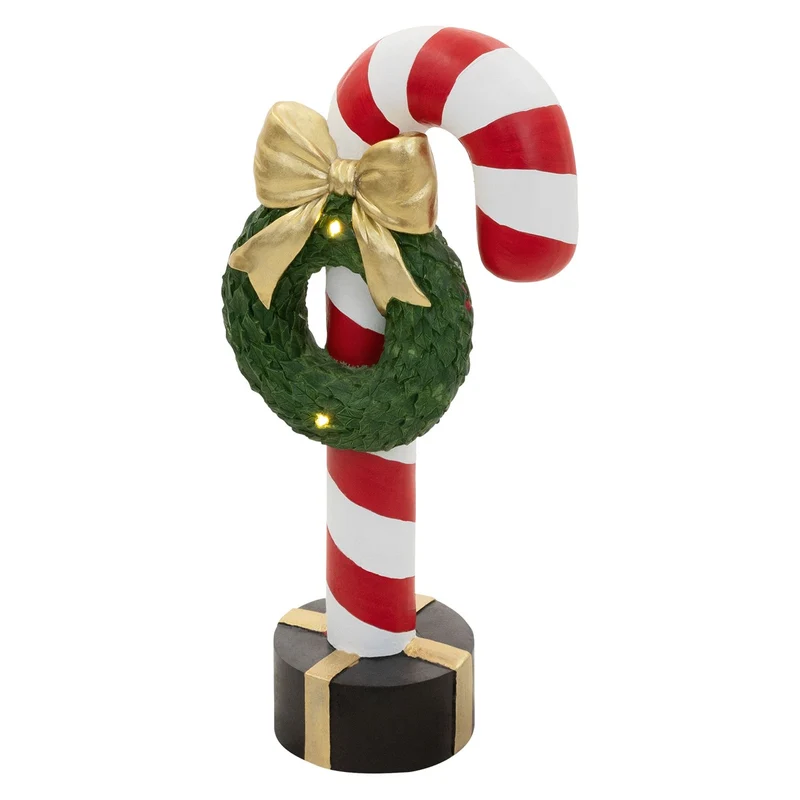 ECD Germany | Zuckerstange-Figur mit LED-Beleuchtung 68 cm Rot-Weiß Weihnachtsdeko Innen Zuckerstange-Stab mit Kranz Weihnachtsfigur Batteriebetrieben