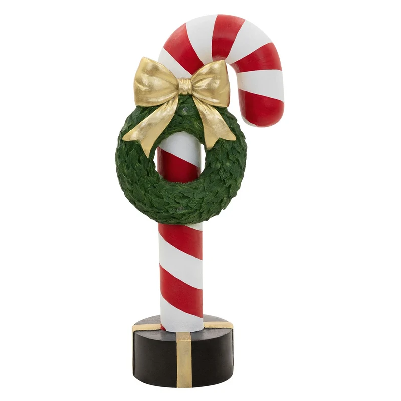 ECD Germany | Zuckerstange-Figur mit LED-Beleuchtung 68 cm Rot-Weiß Weihnachtsdeko Innen Zuckerstange-Stab mit Kranz Weihnachtsfigur Batteriebetrieben