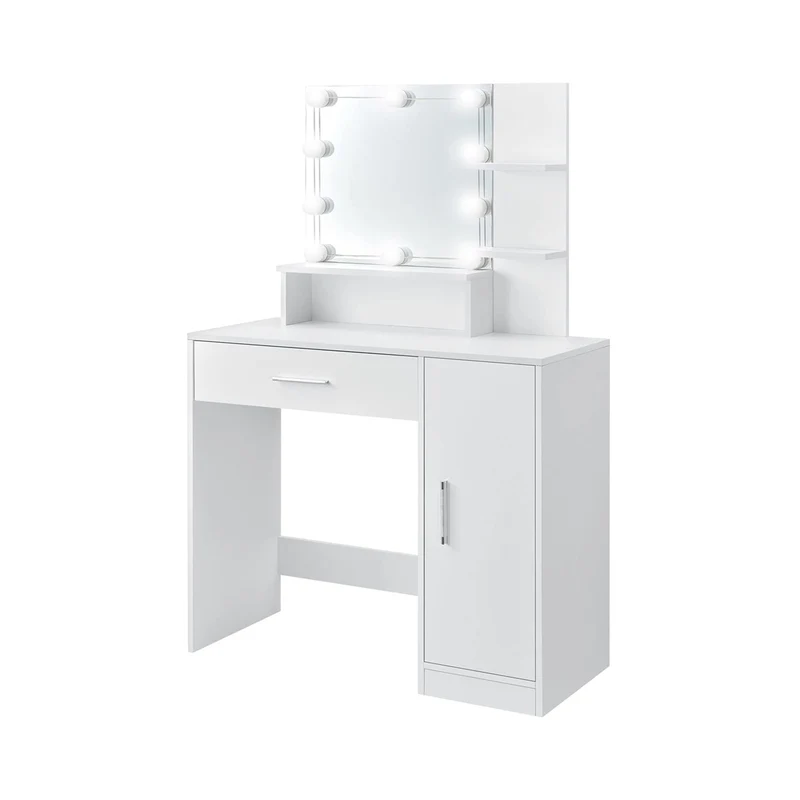 ML-Design | Schminktisch Frisiertisch 90x38x137 cm in Weiß mit LED Beleuchtung, Spiegel, Schublade, Schrank & 3 Ablagen