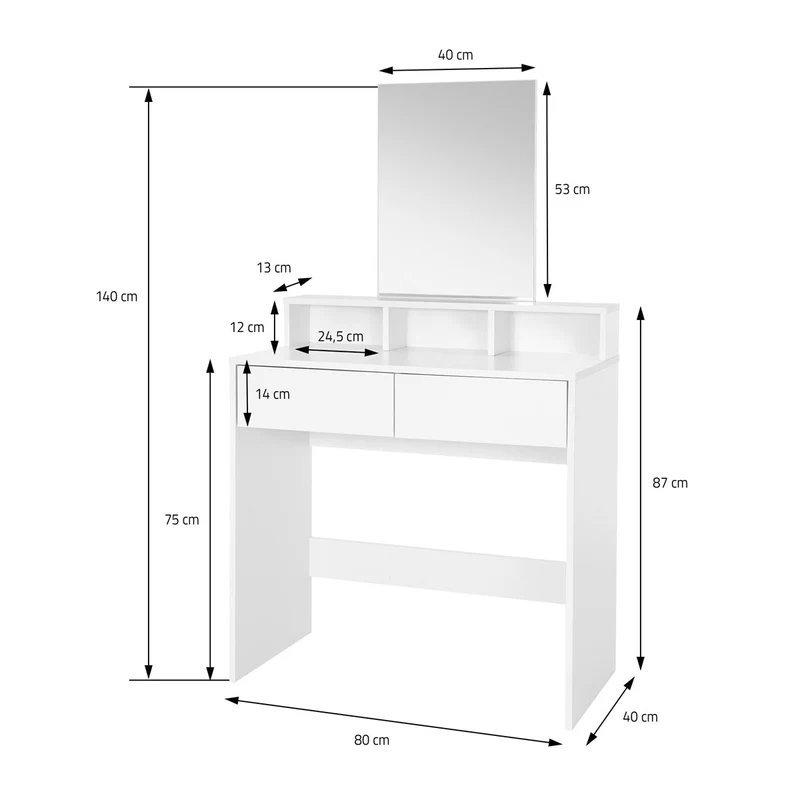 ML-Design | Schminktisch Frisiertisch 80x40x140 cm in Weiß mit Spiegel, 2 Schubladen und 3 Ablagen