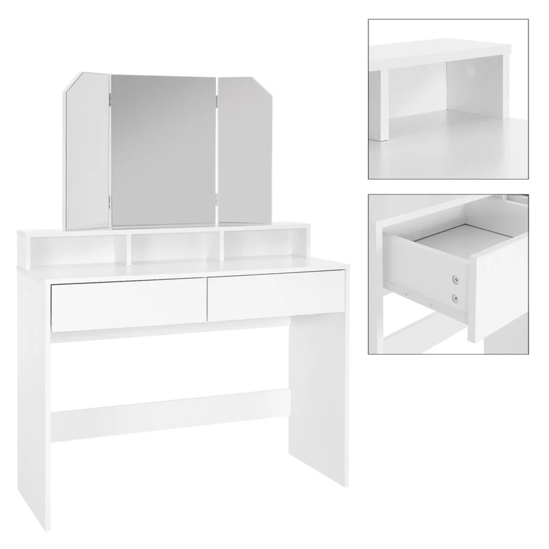 ML-Design | Schminktisch Frisiertisch 100x40x140 cm in Weiß mit Spiegel 3-tlg & 2 Schubladen