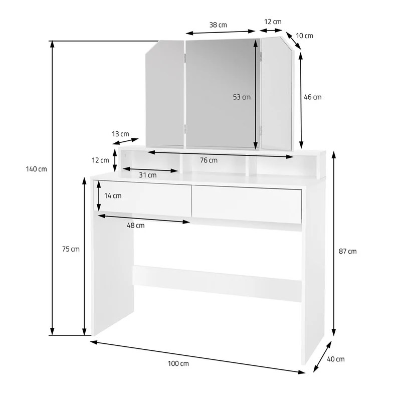 ML-Design | Schminktisch Frisiertisch 100x40x140 cm in Weiß mit Spiegel 3-tlg & 2 Schubladen