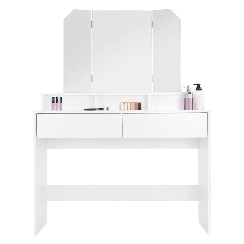 ML-Design | Schminktisch Frisiertisch 100x40x140 cm in Weiß mit Spiegel 3-tlg & 2 Schubladen