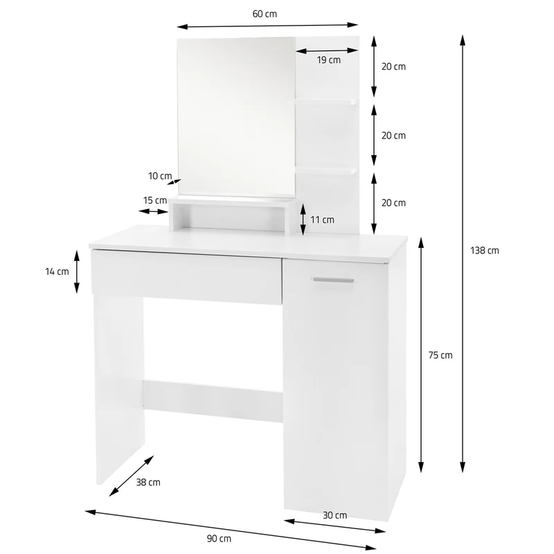 ML-Design | Schminktisch Frisiertisch 90x38x138 cm in Weiß mit Spiegel, Schublade, 3 Ablagen