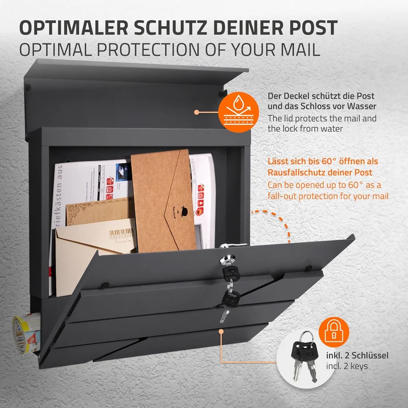 ML-Design | Briefkasten mit Zeitungsfach 37x11x37 cm aus Edelstahl, Moderner Design