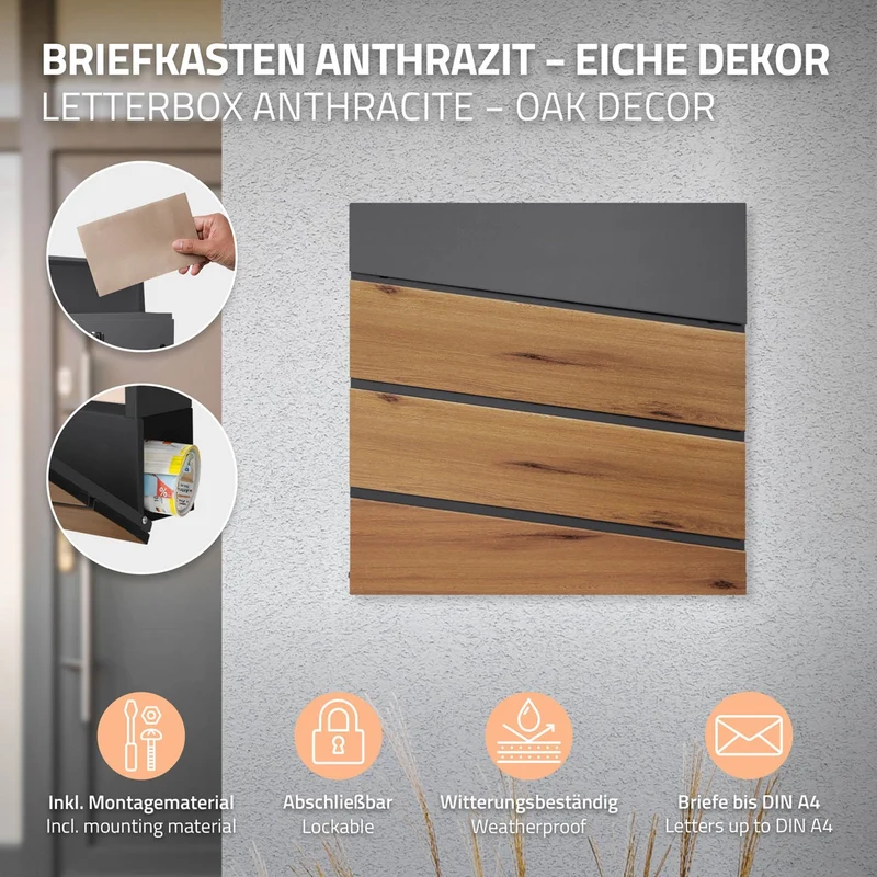 ML-Design | Briefkasten mit Zeitungsfach 37x36,5x11 cm Anthrazit aus Stahl, Modernes Diagonales Design