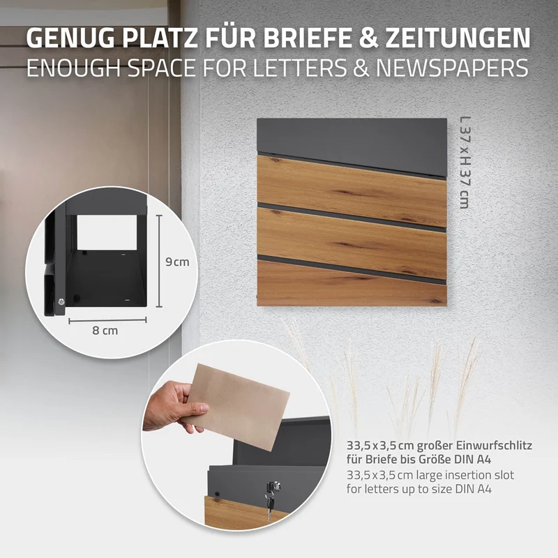ML-Design | Briefkasten mit Zeitungsfach 37x36,5x11 cm Anthrazit aus Stahl, Modernes Diagonales Design