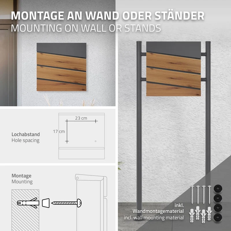 ML-Design | Briefkasten mit Zeitungsfach 37x36,5x11 cm Anthrazit aus Stahl, Modernes Diagonales Design