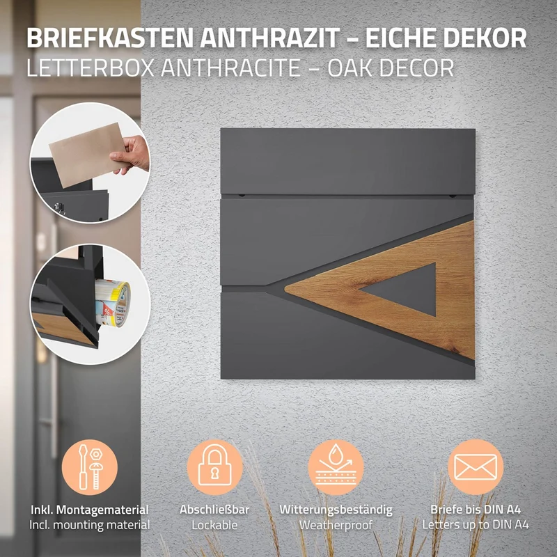 ML-Design | Briefkasten mit Zeitungsfach 37x36,5x11 cm Anthrazit aus Stahl, Modernes Dreieckiges Design