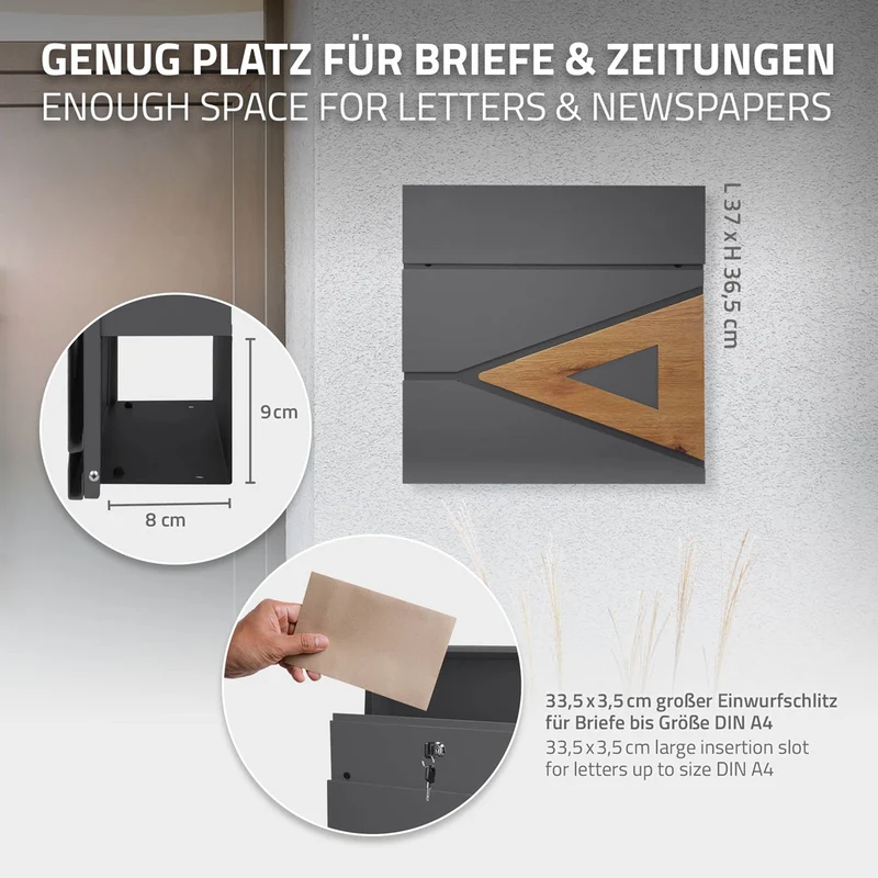 ML-Design | Briefkasten mit Zeitungsfach 37x36,5x11 cm Anthrazit aus Stahl, Modernes Dreieckiges Design