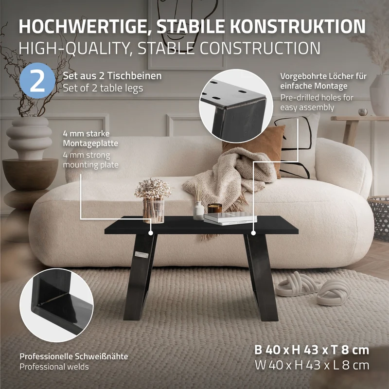 2er Set Tischkufen Bankkufen 80GRAD Neigung 40x43 cm Industrial 8x2 cm Stahl ML-Design