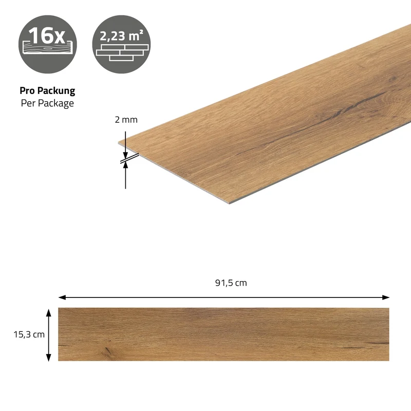 ML-DESIGN | Bodenbelag Vinylboden 16 Stück selbstklebend 91,5 x 15,3 cm x 2mm 2,23m² PVC Eiche Rustikal Holzoptik Klebefliesen Bodenfliesen