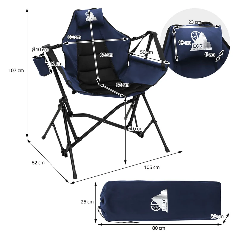 ECD GERMANY | Campingstuhl faltbar mit Stahlgestell Schaukelstuhl bis 150 kg Angelstuhl Klappstuhl verstellbare Rückenlehne Faltstuhl Outdoor