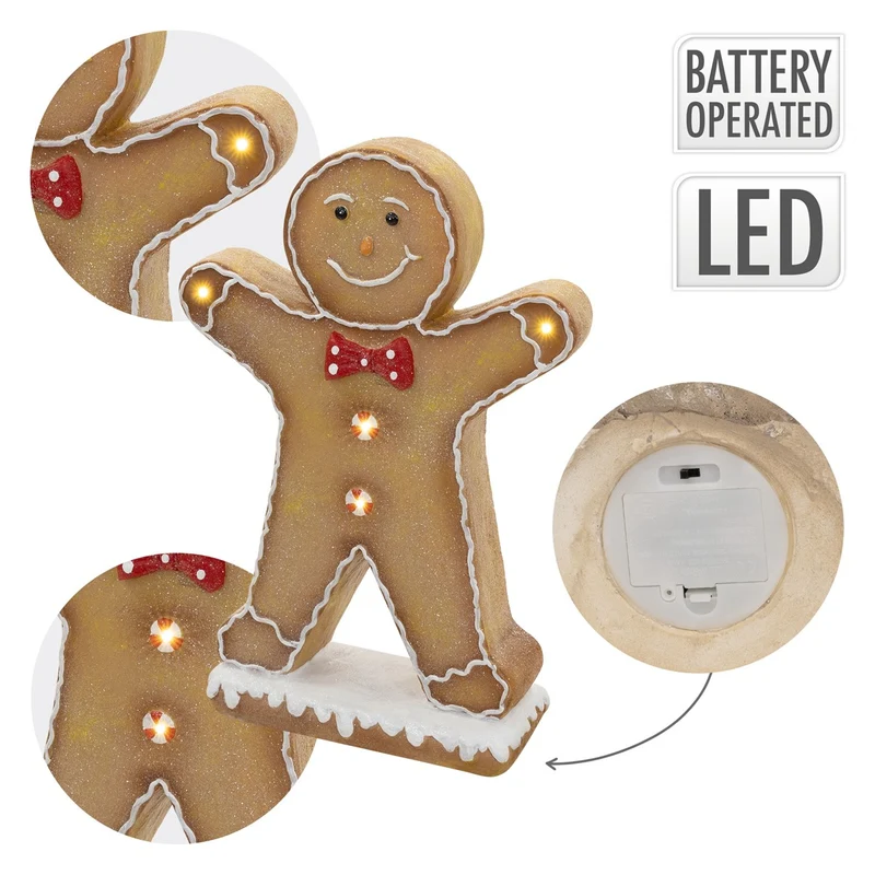 ECD GERMANY | Lebkuchenmann-Figur mit LED-Beleuchtung Braun, Weihnachtsdeko Innen, Lebkuchenfigur, Weihnachtsfigur Batteriebetrieben