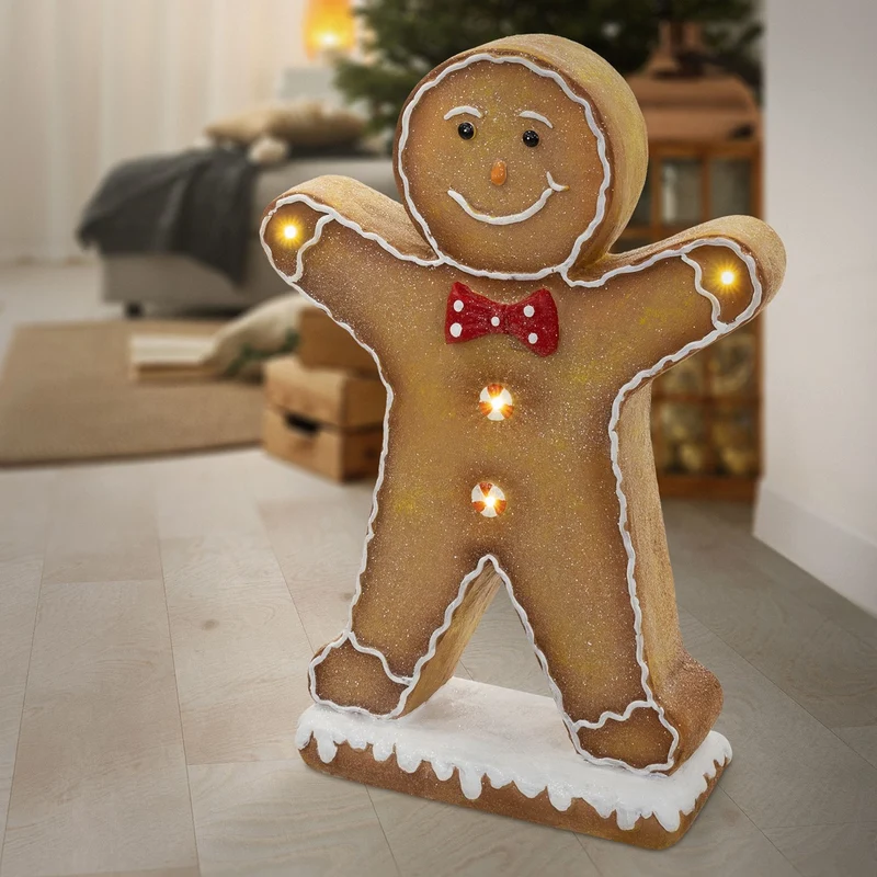 ECD GERMANY | Lebkuchenmann-Figur mit LED-Beleuchtung Braun, Weihnachtsdeko Innen, Lebkuchenfigur, Weihnachtsfigur Batteriebetrieben
